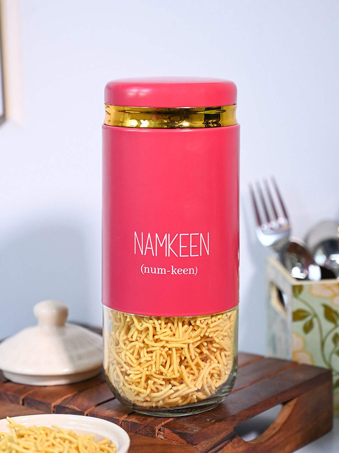 MARKET99 Pink & Transparent Namkeen Storage Jar 850 ml