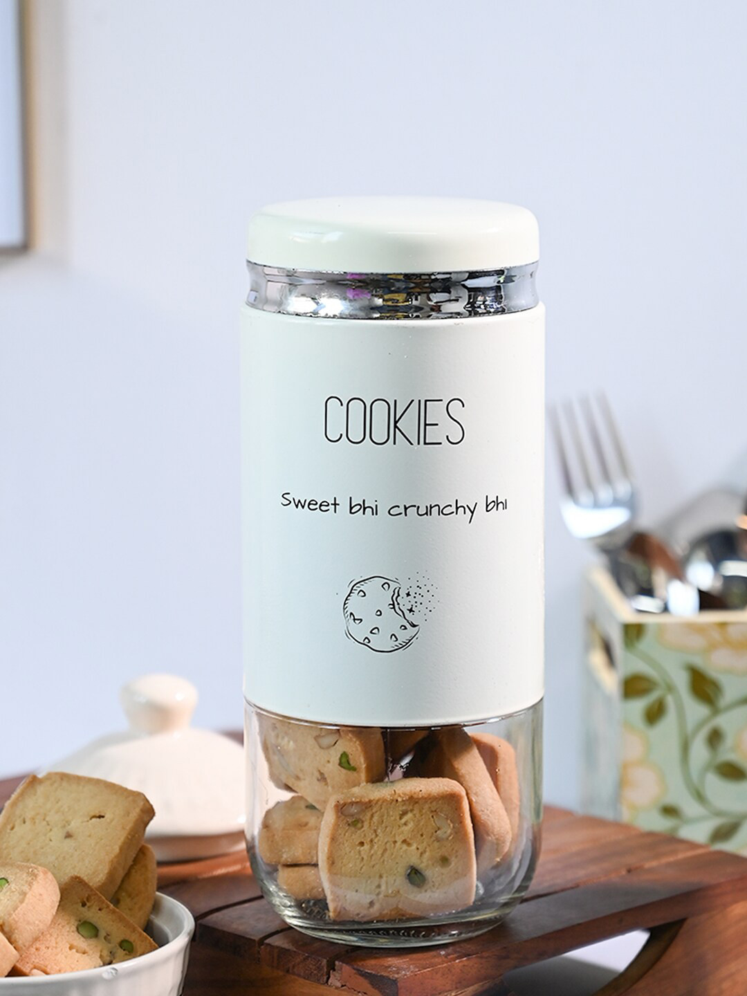 MARKET99 Off White & Transparent Printed Cookies Storage Jar 850 ml