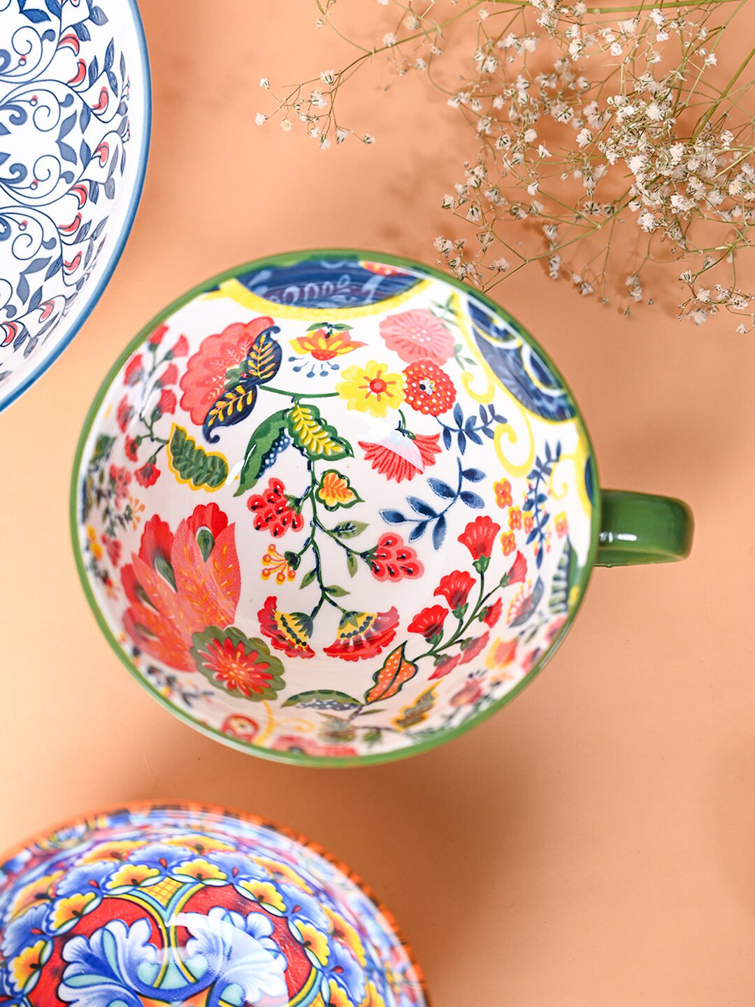 MARKET99 Designer Green Floral Ceramic Microwave Safe Cup-480ml