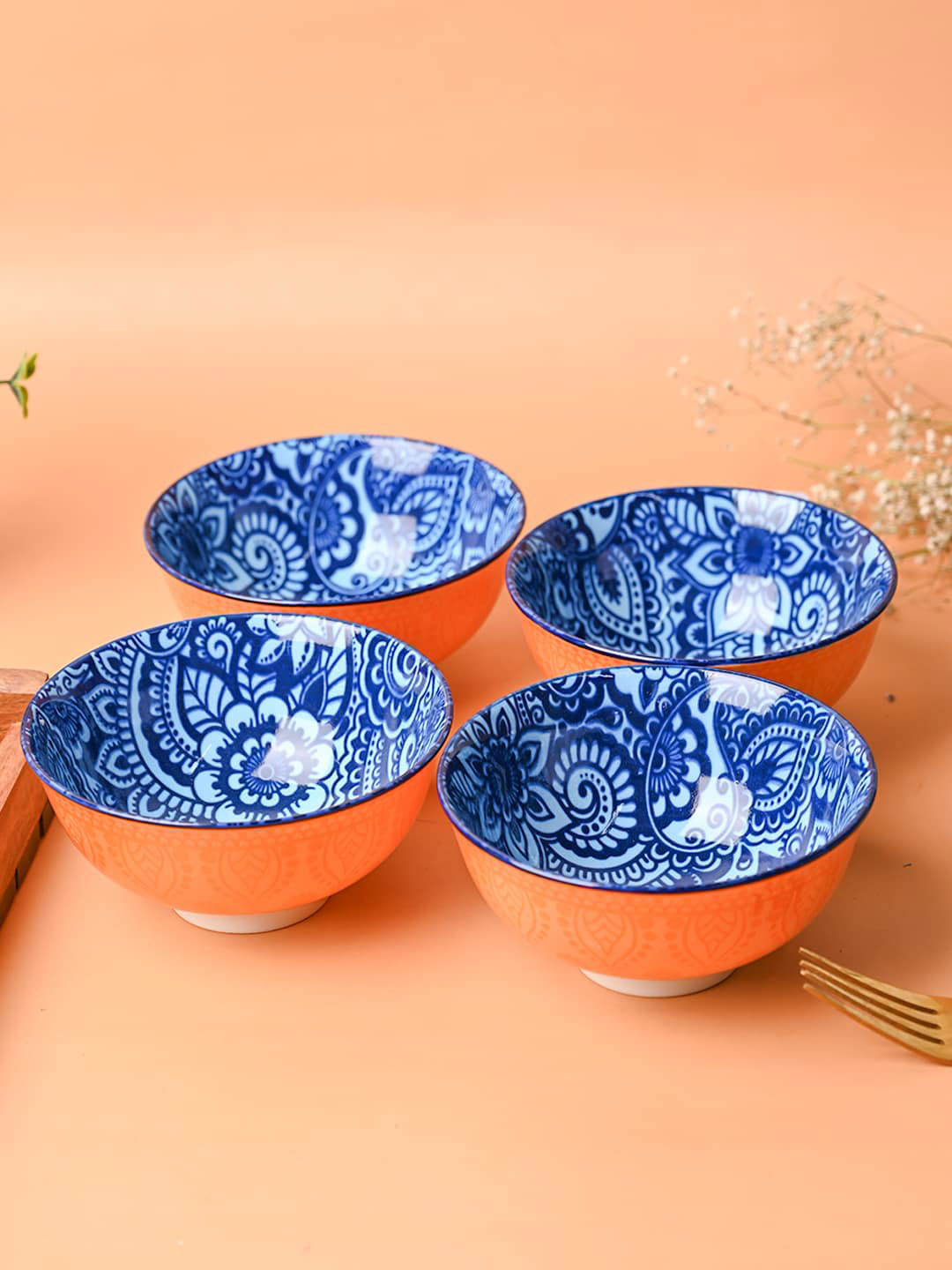 MARKET99 Orange-Coloured & Blue 4 Pieces Printed Ceramic Serving Bowls 280 ML Each