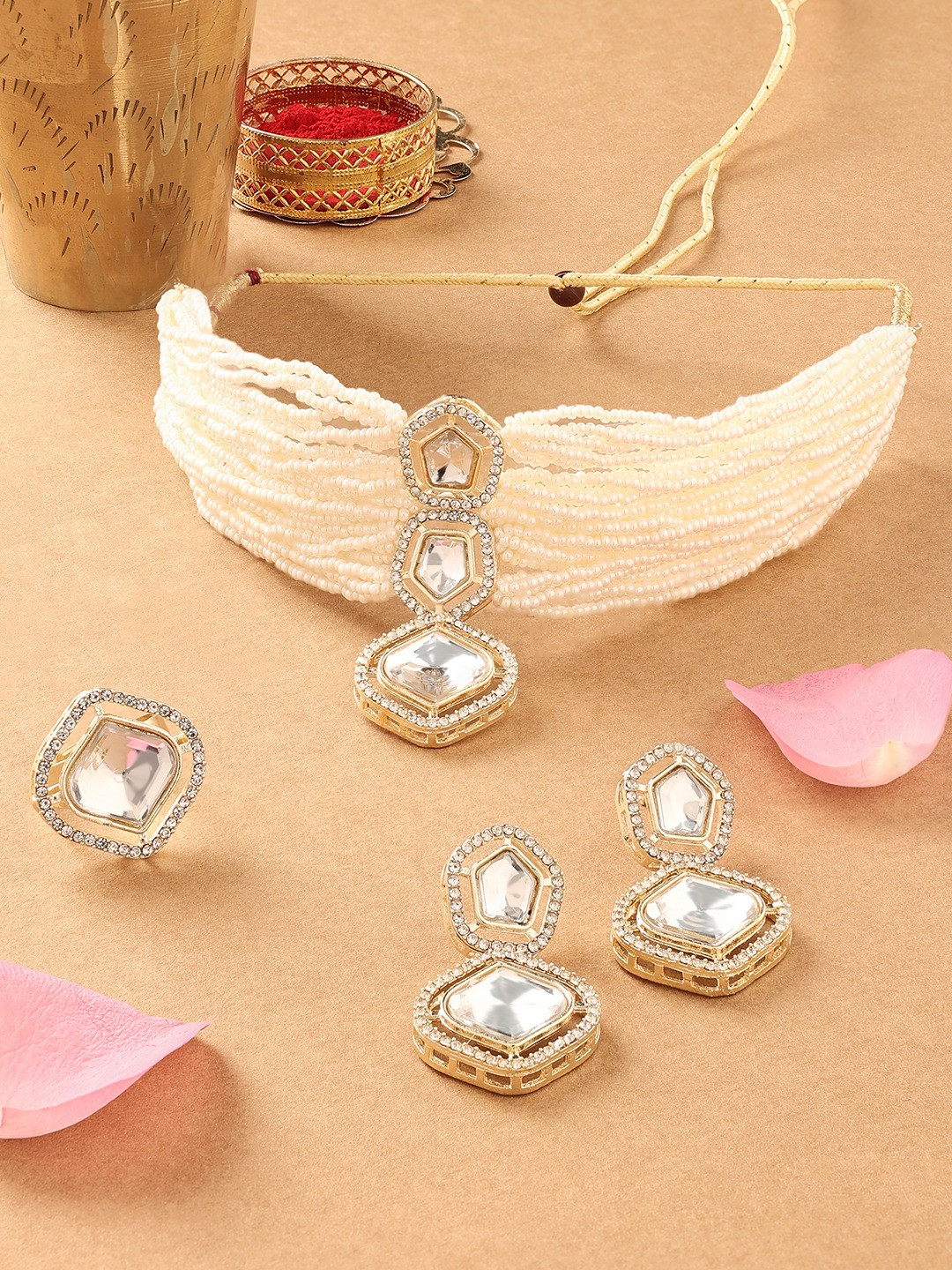 Zaveri Pearls Gold-Plated American Diamond-Studded Necklace With Earrings & Finger Ring