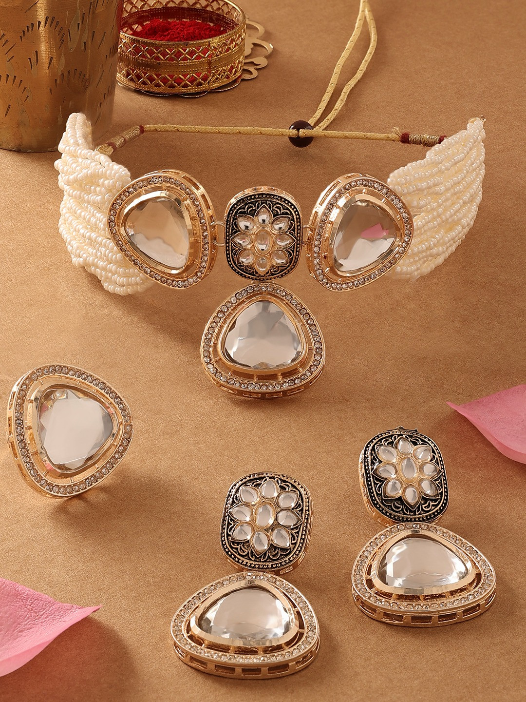 Zaveri Pearls Gold-Plated American Diamond-Studded Necklace With Earrings & Finger Ring