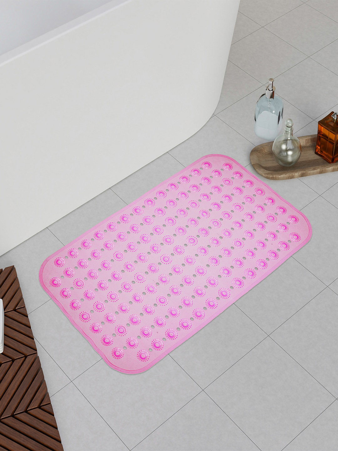Kuber Industries Pink 2 Pieces Anti-Skid Shower Mat with Drain Holes
