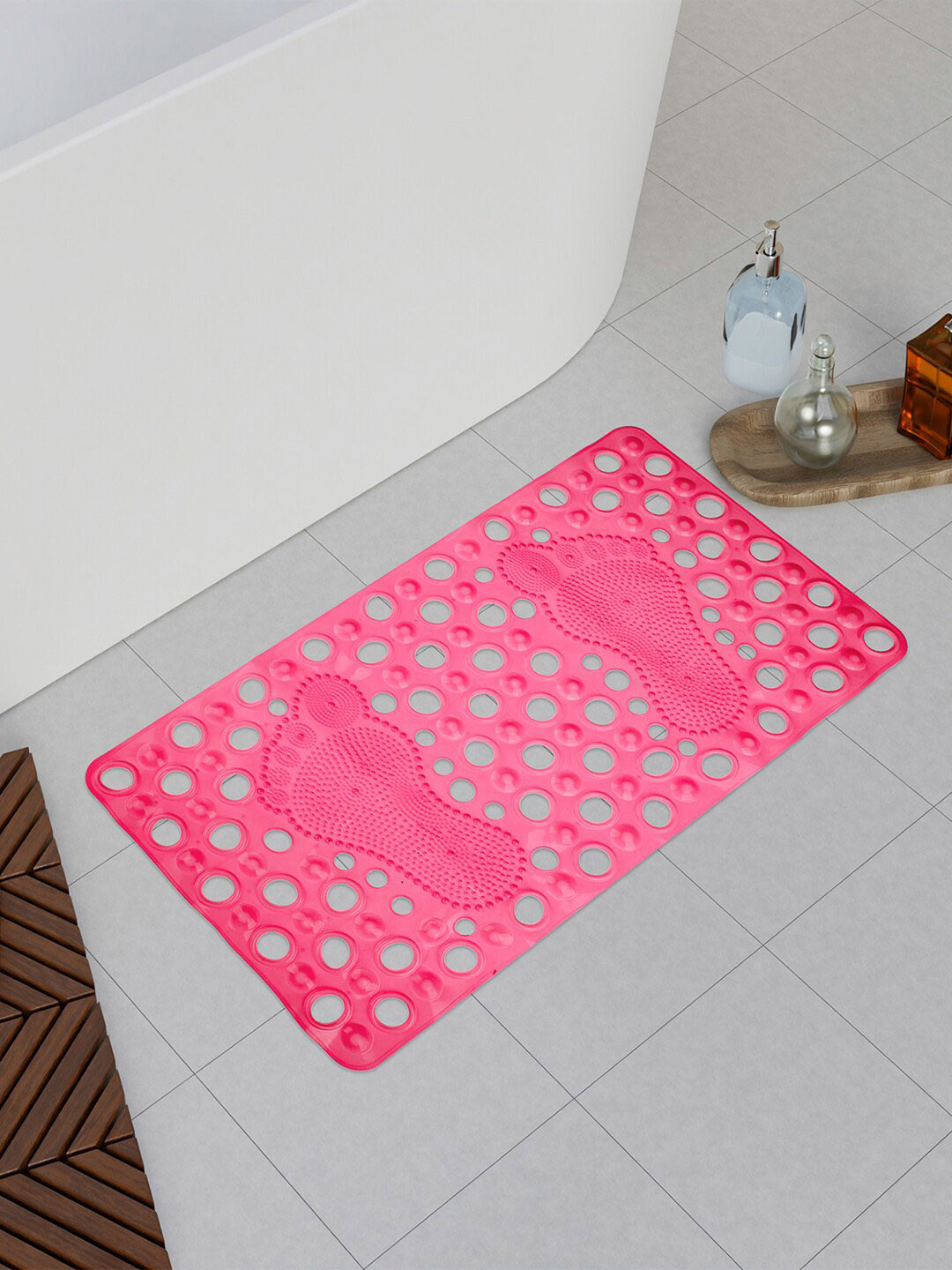 Kuber Industries Pink & Grey 2 Pieces Anti Skid PVC Bath Shower Mats With Drain Holes