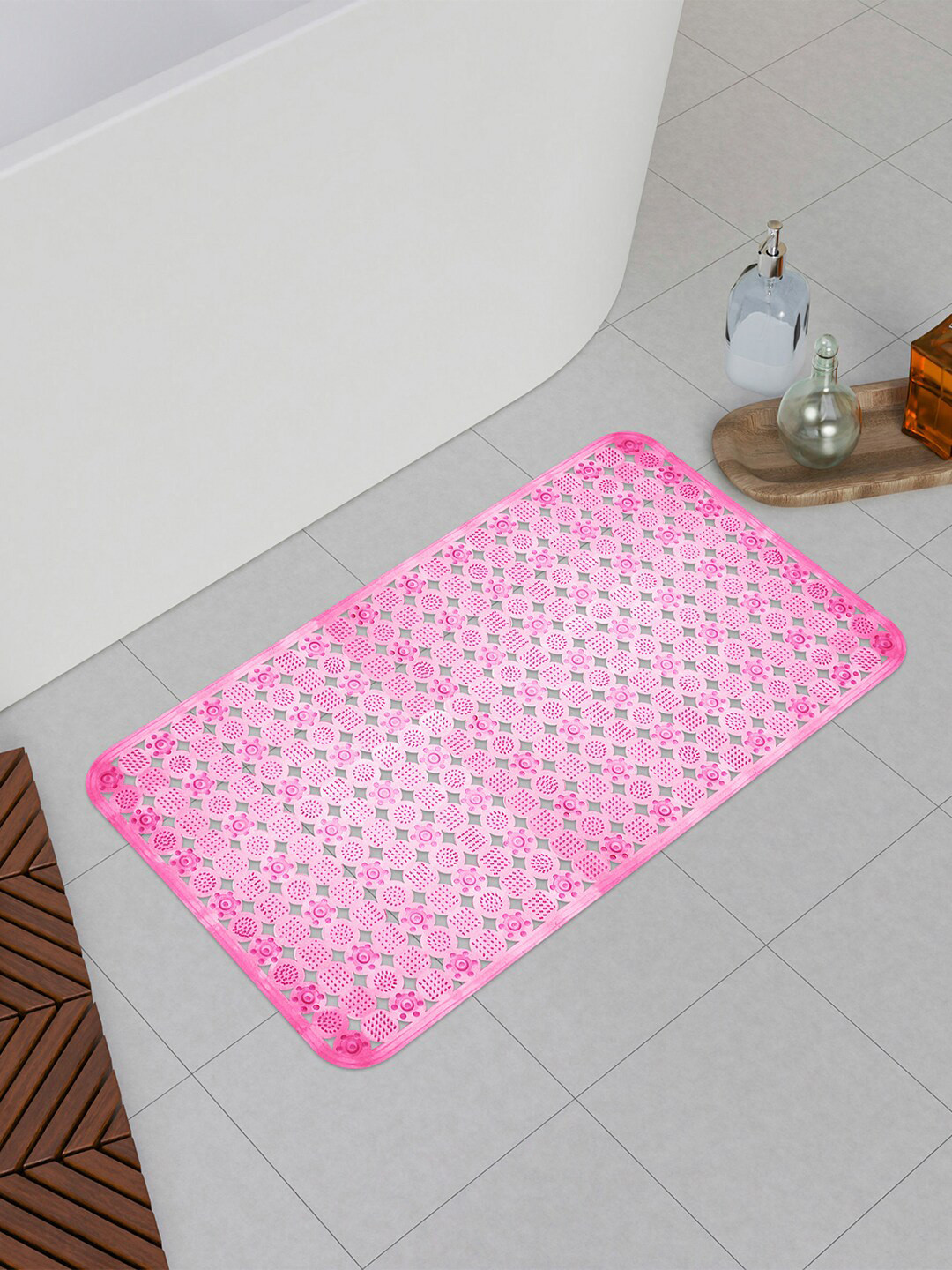 Kuber Industries Pink Anti Skid Bath Shower Mat With Drain Holes