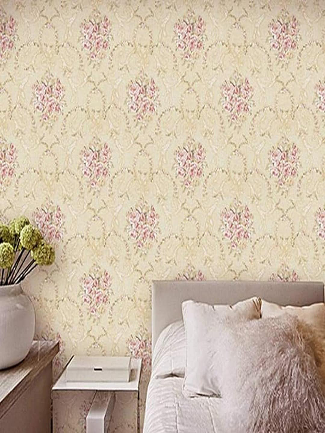 Univocean Beige & Pink Floral Printed PVC Removable Self Adhesive Wallpaper