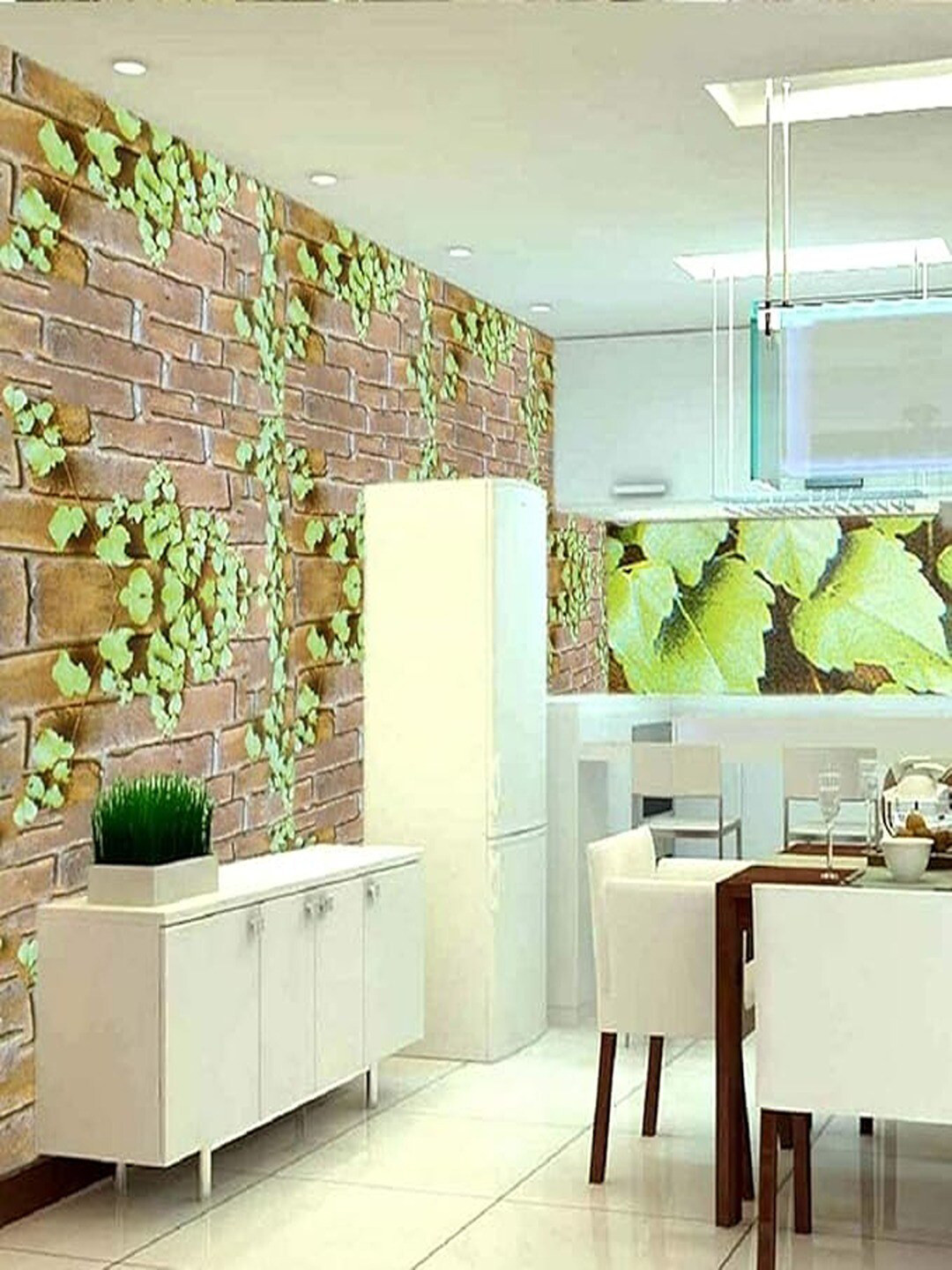 Univocean Green & Brown Brick Leaf 3D Pattern Self Adhesive Peel & Stick Wallpaper