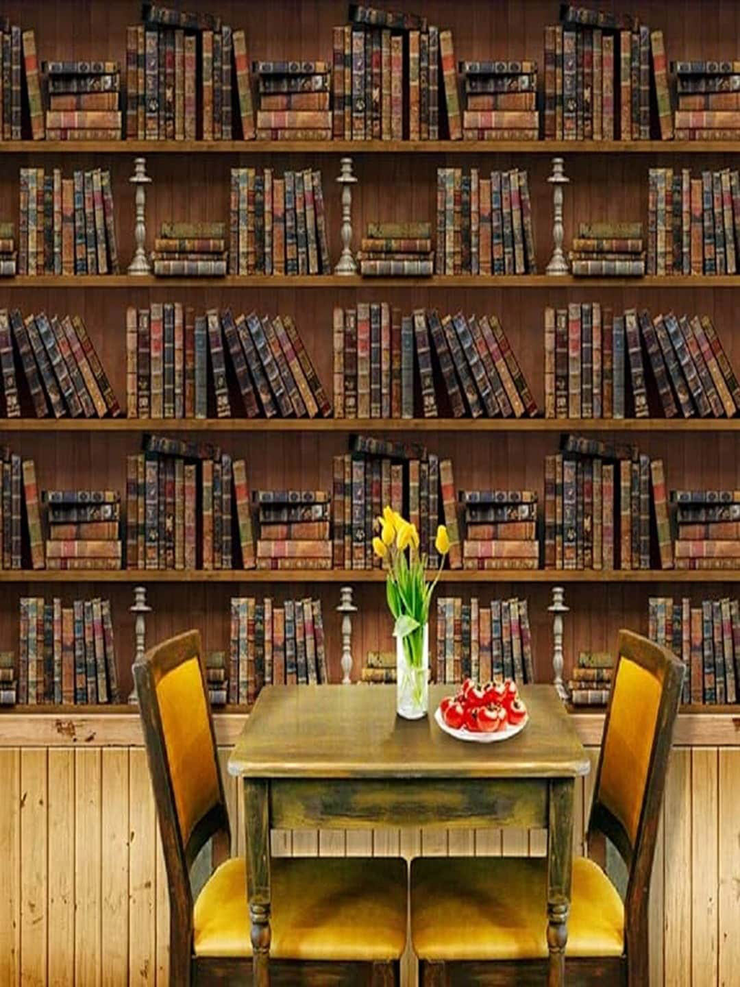 Univocean Brown 3D Library Book Shelf Self Adhesive Wallpaper