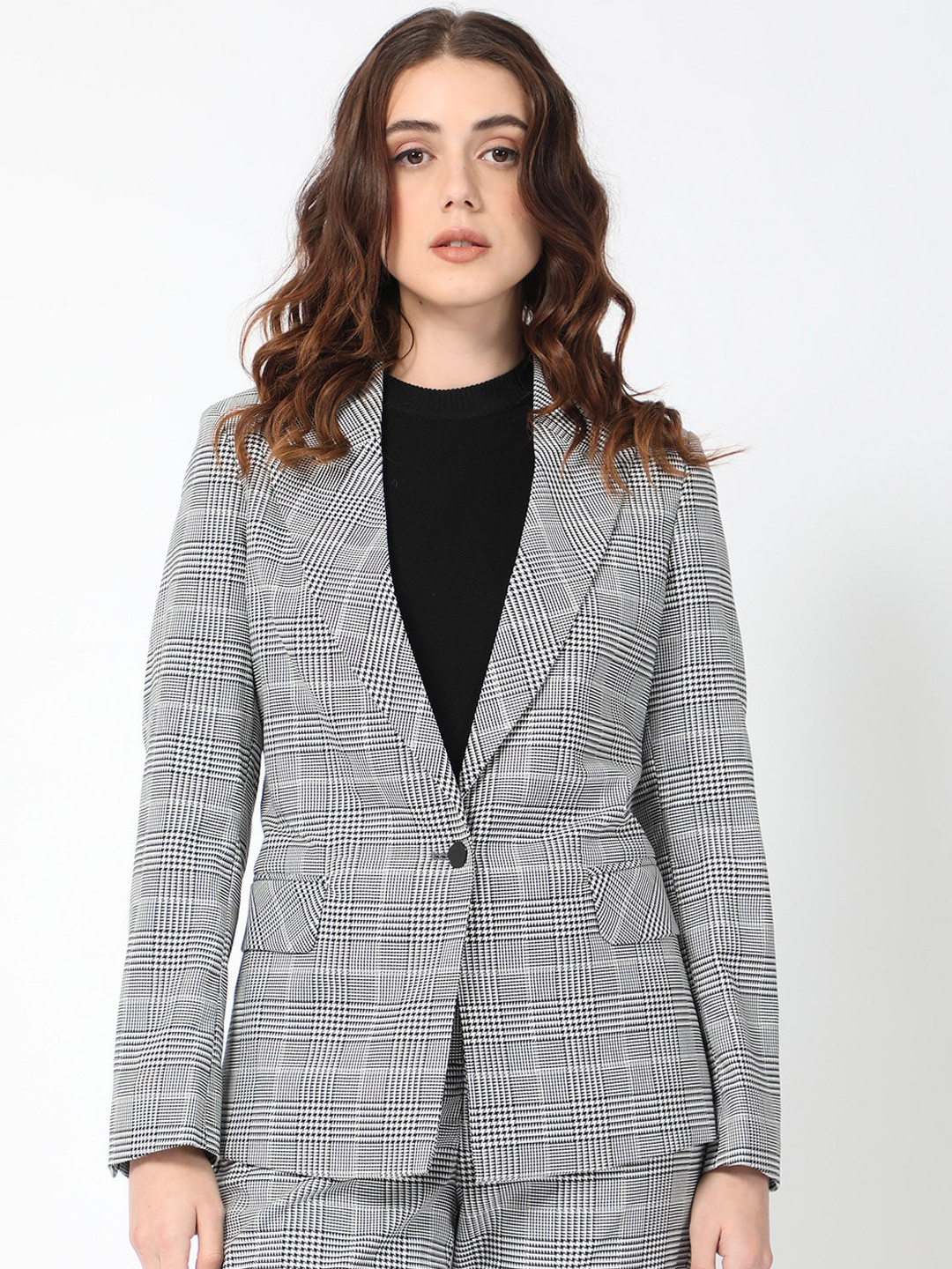 RAREISM Checked Peaked Lapel Collar Single Breasted Slim-Fit Formal Blazer