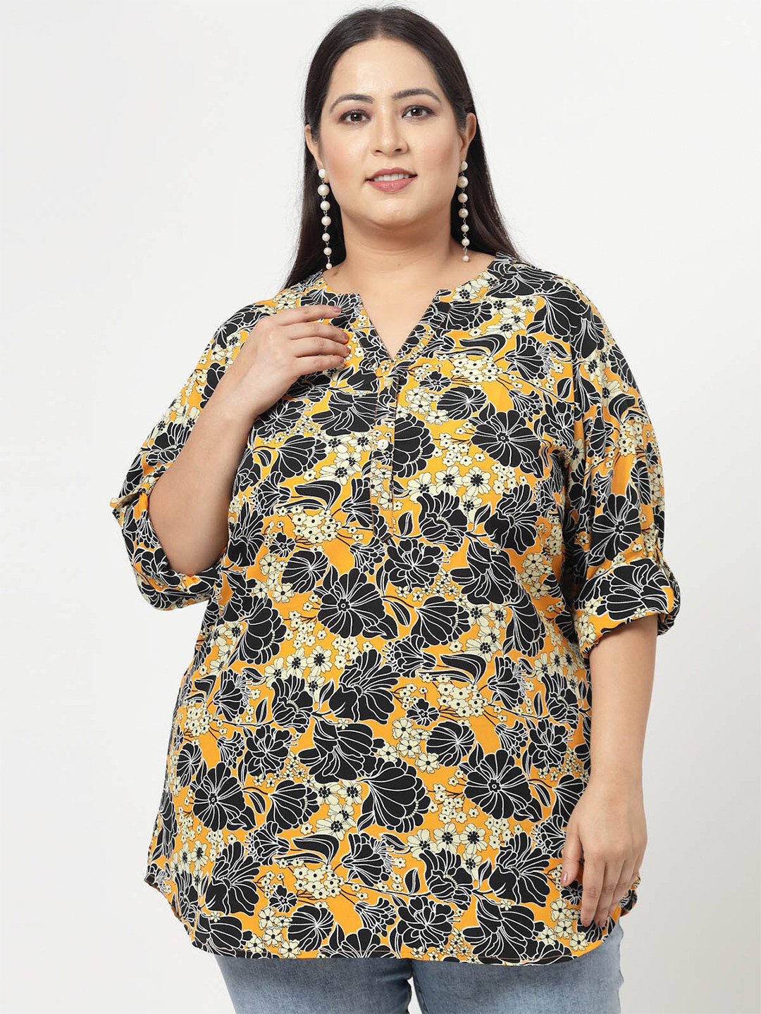 plusS Mustard Plus Size Floral Printed Mandarin Collar Long Sleeves Longline Tops