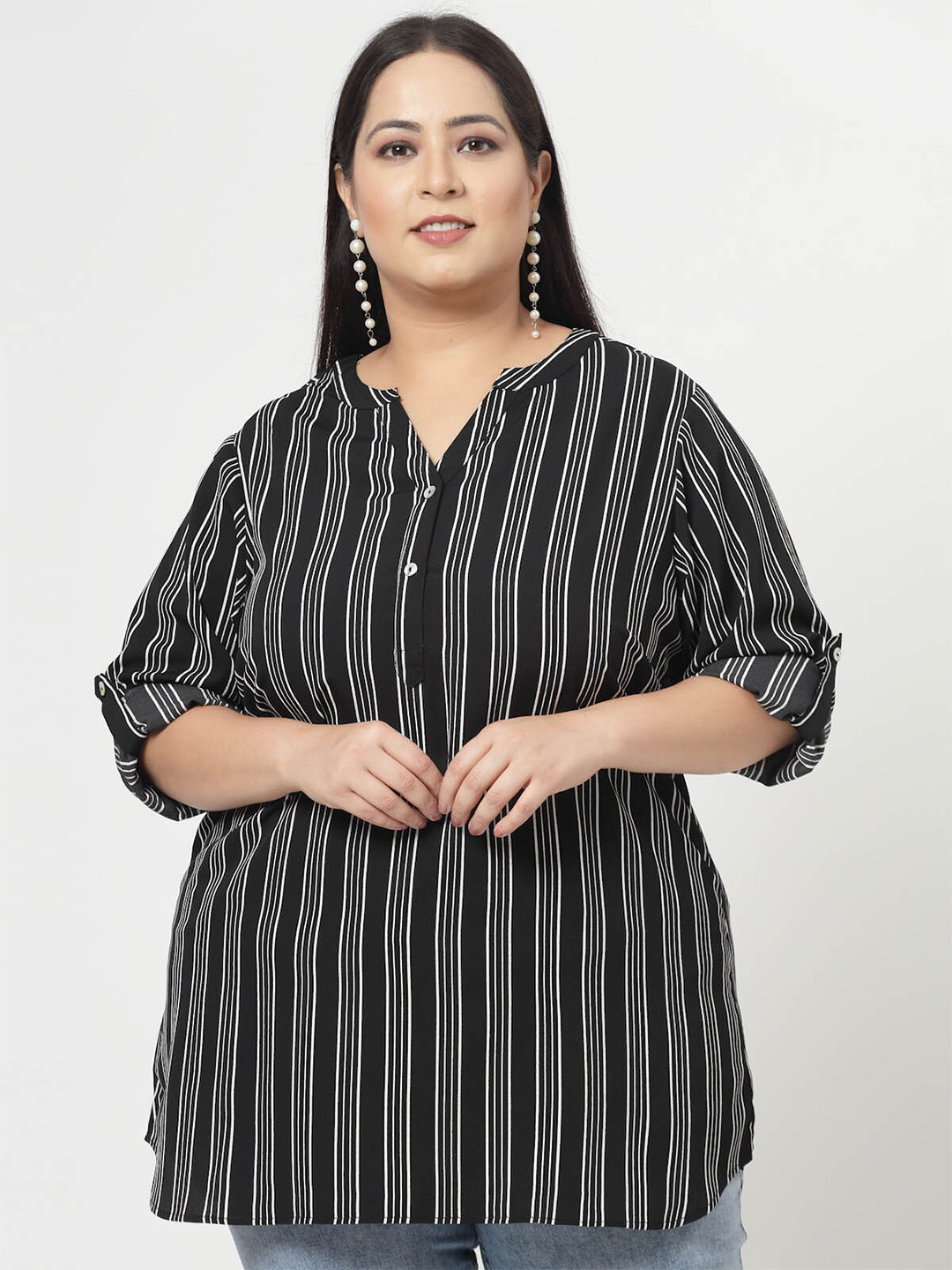 plusS Black Plus Size Vertical Stripes Mandarin Collar Long Sleeves Longline Tops