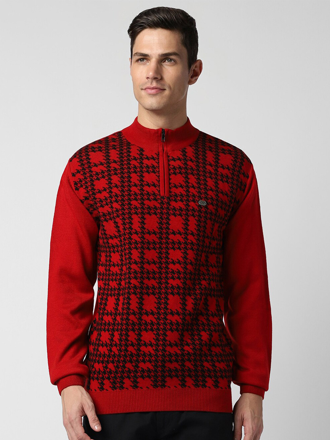 Peter England Casuals Checked Mock Collar Pure Cotton Pullover Sweater With Half Zipper