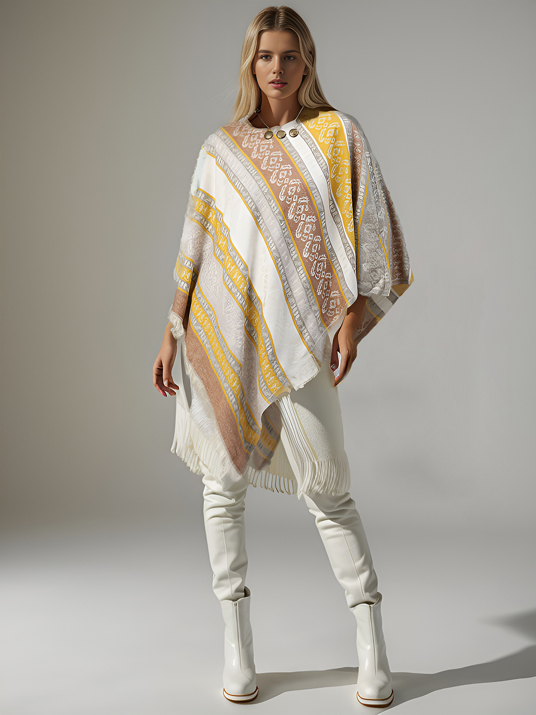 Taurus Printed Acrylic Frinched Poncho Sweater