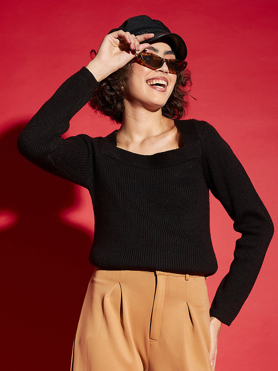 SASSAFRAS Black Ribbed Square Neck Acrylic Pullover