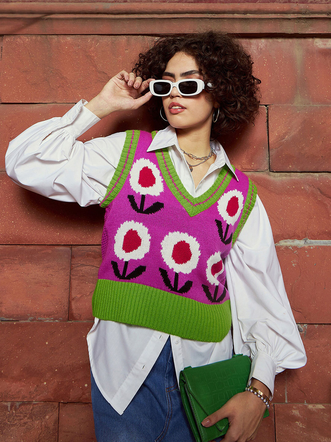 SASSAFRAS Pink & Green Floral Printed Woolen Sweater Vest