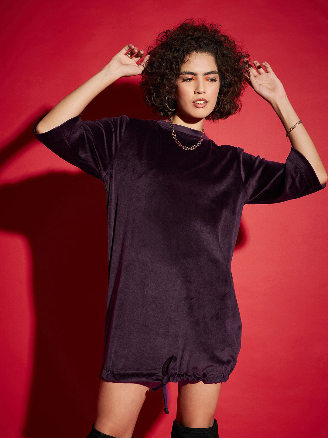 SASSAFRAS Velvet Maroon Tie Up Hem Sheath Dress