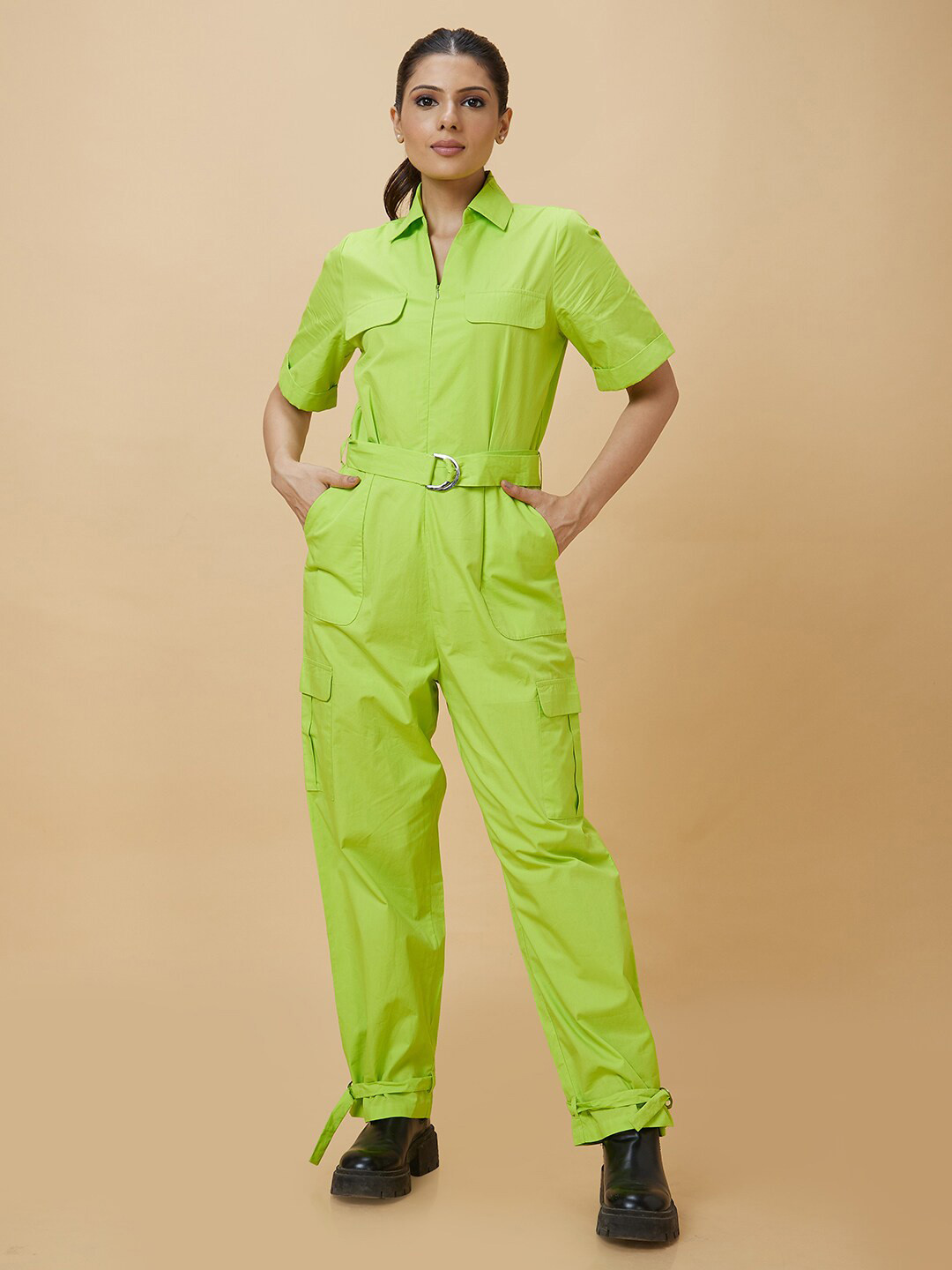 Globus Green Shirt Collar Pure Cotton Basic Jumpsuit