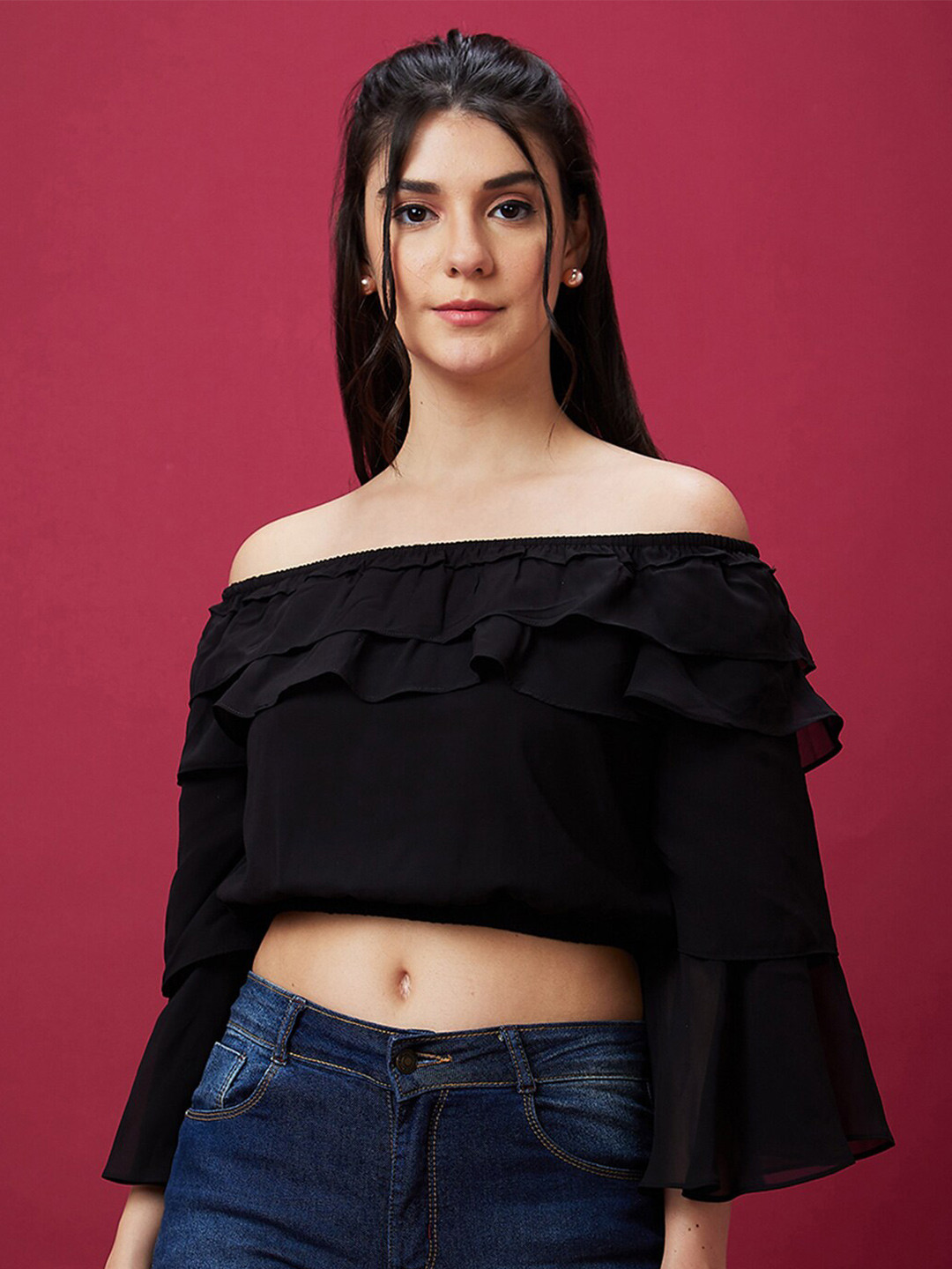 Globus Black Off Shoulder Bell Sleeve Ruffles Bardot Crop Top