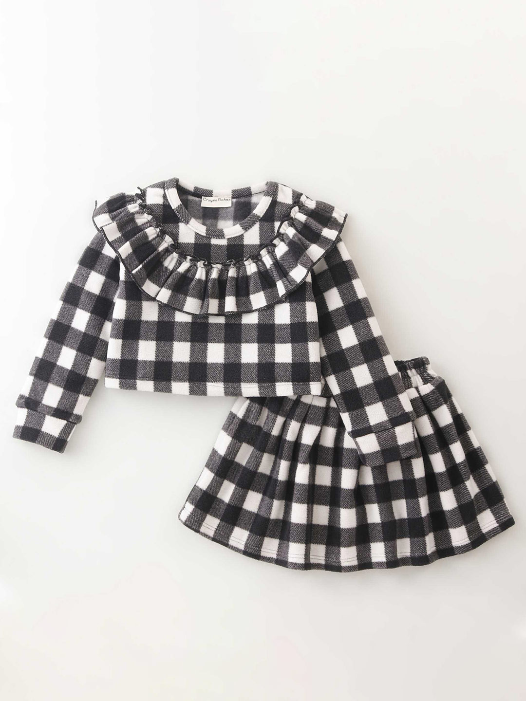 CrayonFlakes Girls Polar Fleece Geometric Printed Round Neck Long Sleeve Top With Skirt