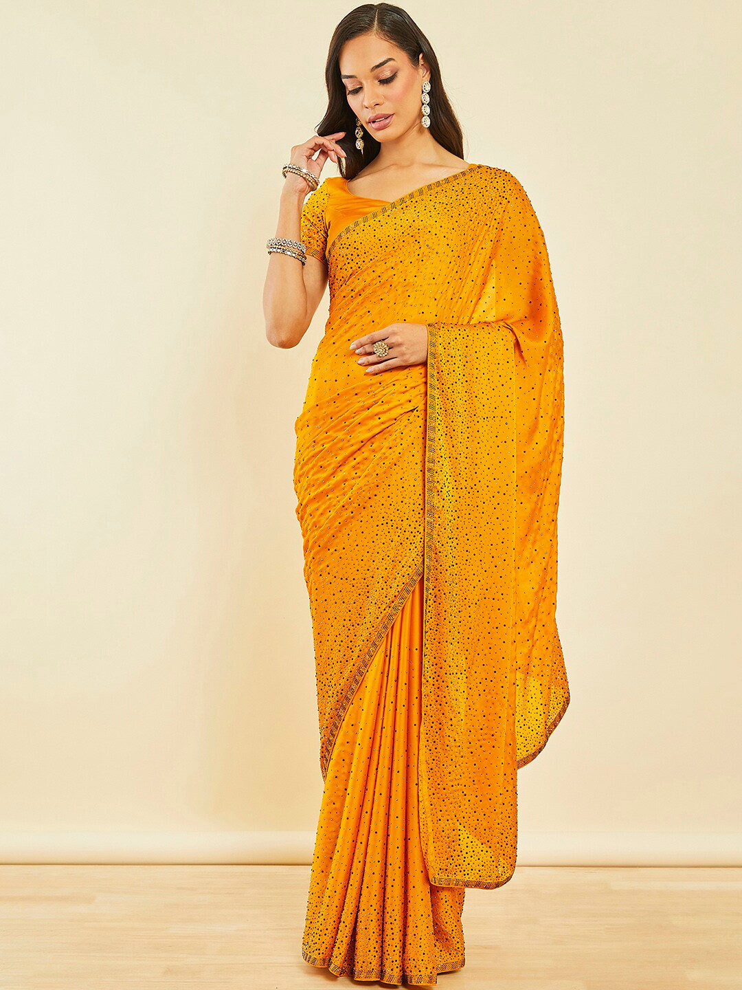 Soch Mustard Yellow Embellished Beads and Stones Pure Crepe Saree