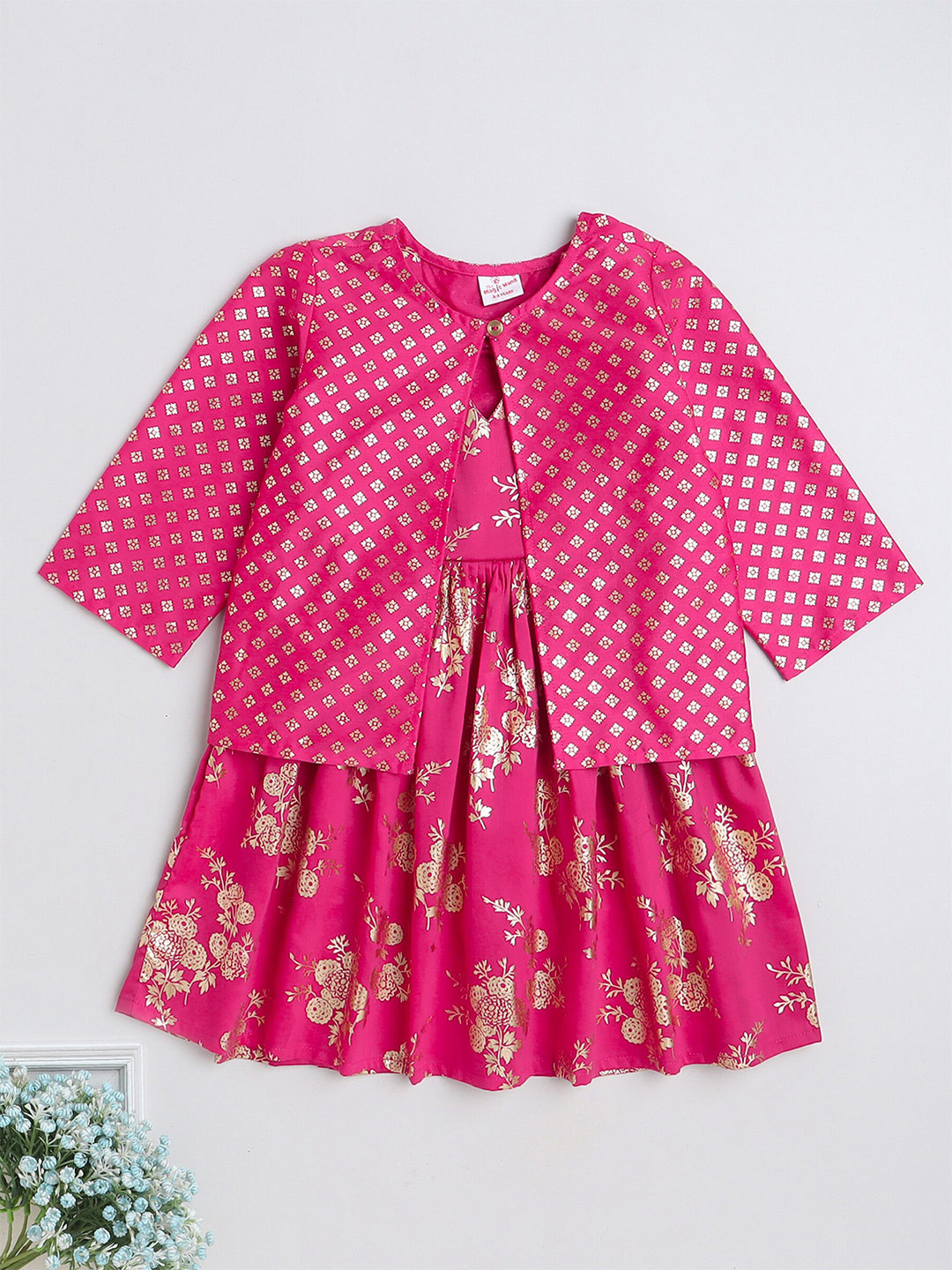 The Magic Wand Girls Floral Printed Gathered Detailed Fit & Flare Ethnic Dress With Jacket