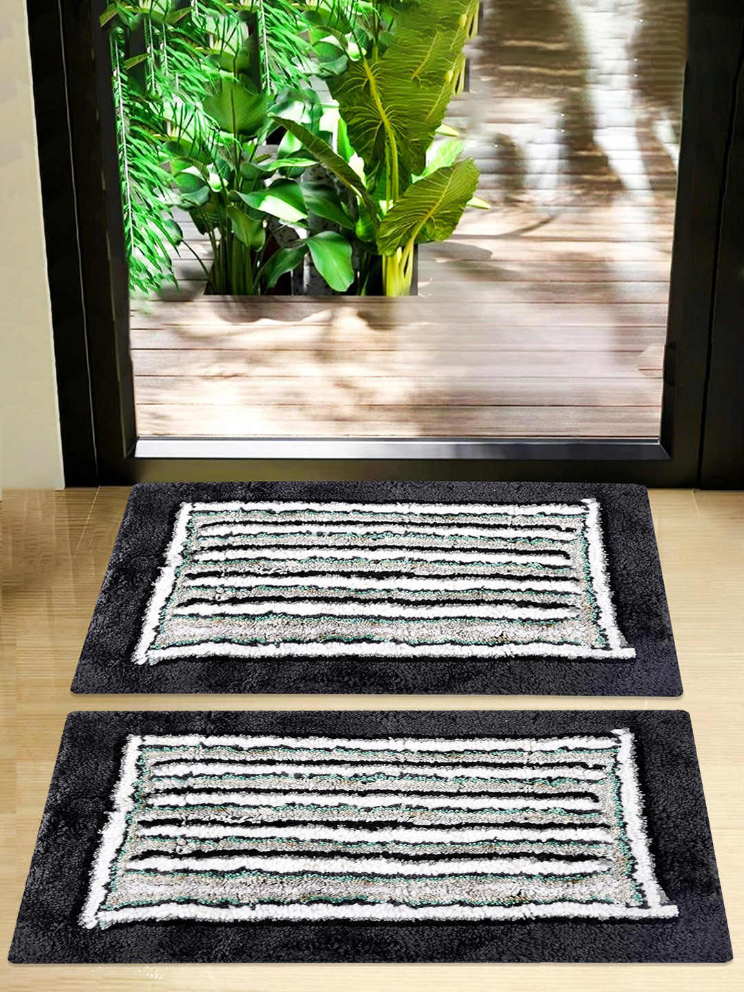Kuber Industries 2 Pcs Grey & White Striped Dust Trapper Doormats