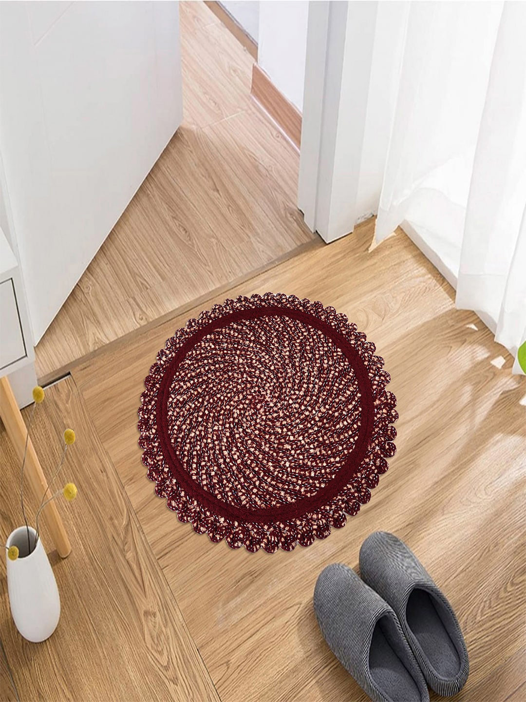 Kuber Industries Black & Red 2 Pieces Cotton Reversible Round Shape Feather Round Doormats