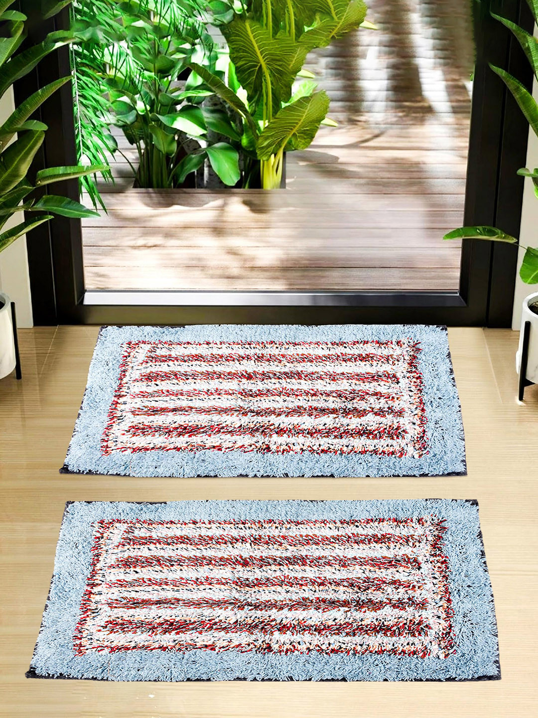 Kuber Industries Blue & White 2 Pieces Woven Design Dust Trapper Cotton Doormats
