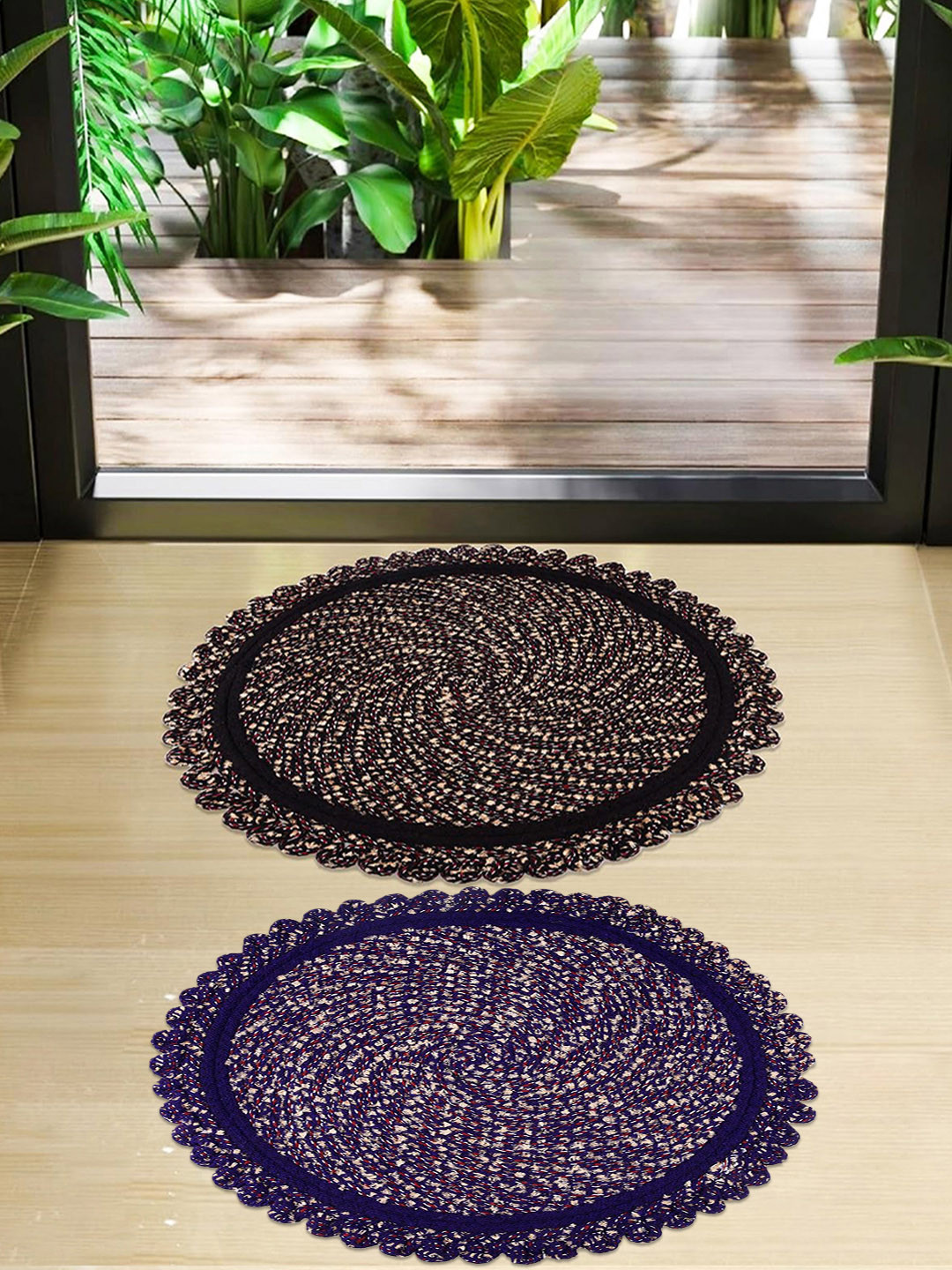 Kuber Industries Blue & Brown 2 Pieces Cotton Round Shape Feather Reversible Doormats