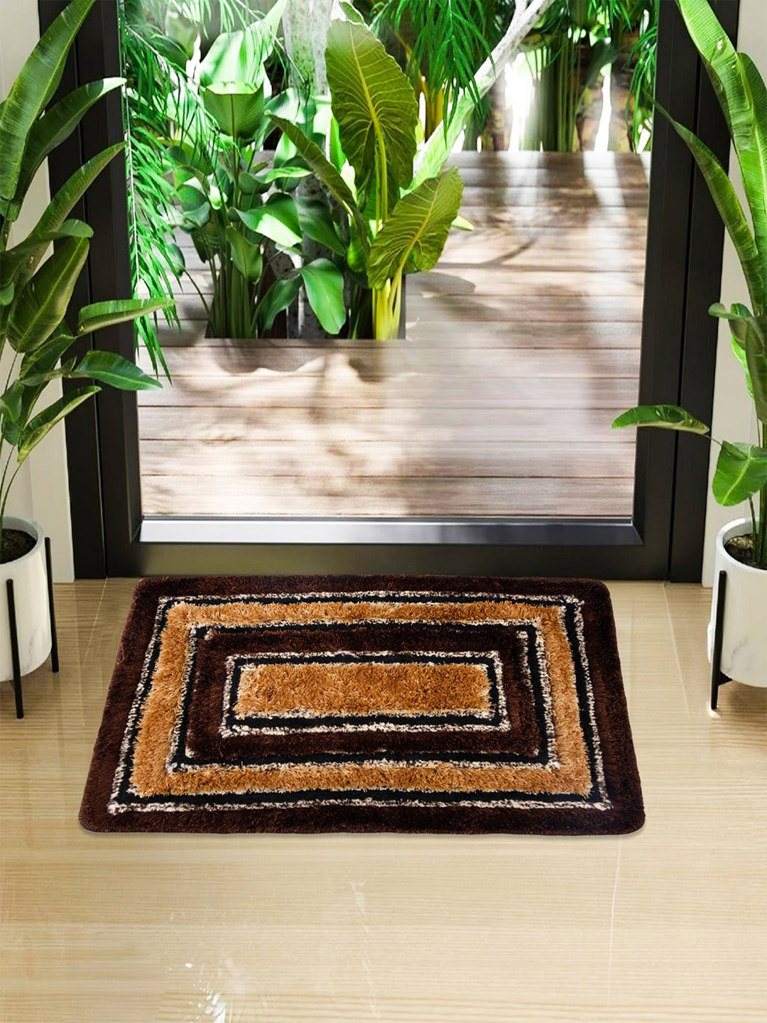Kuber Industries Brown Geometric Microfiber Rectangle Doormat