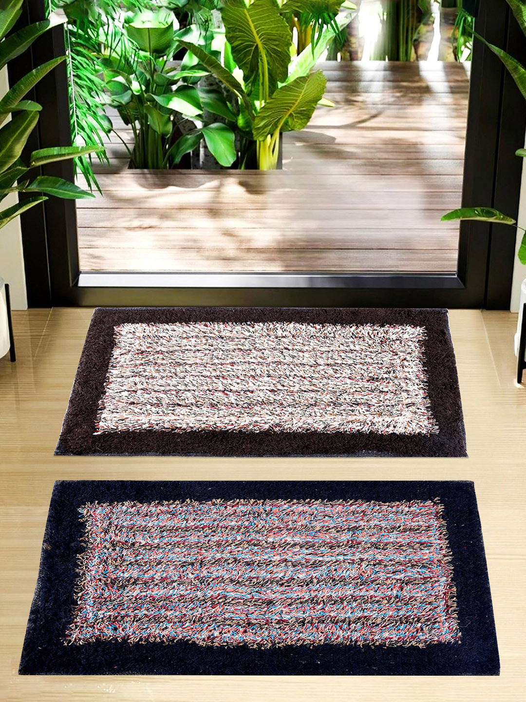 Kuber Industries Brown & White 2-Pieces Cotton Dust Trapper Doormats