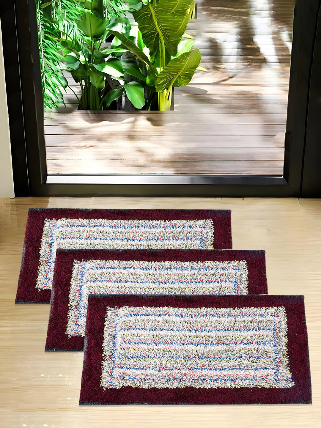 Kuber Industries Maroon & Blue 3 Pieces Cotton Dust Trapper Doormats