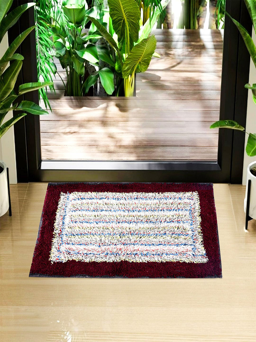 Kuber Industries Maroon & White 2-Pieces Woven Design Cotton Border Doormats