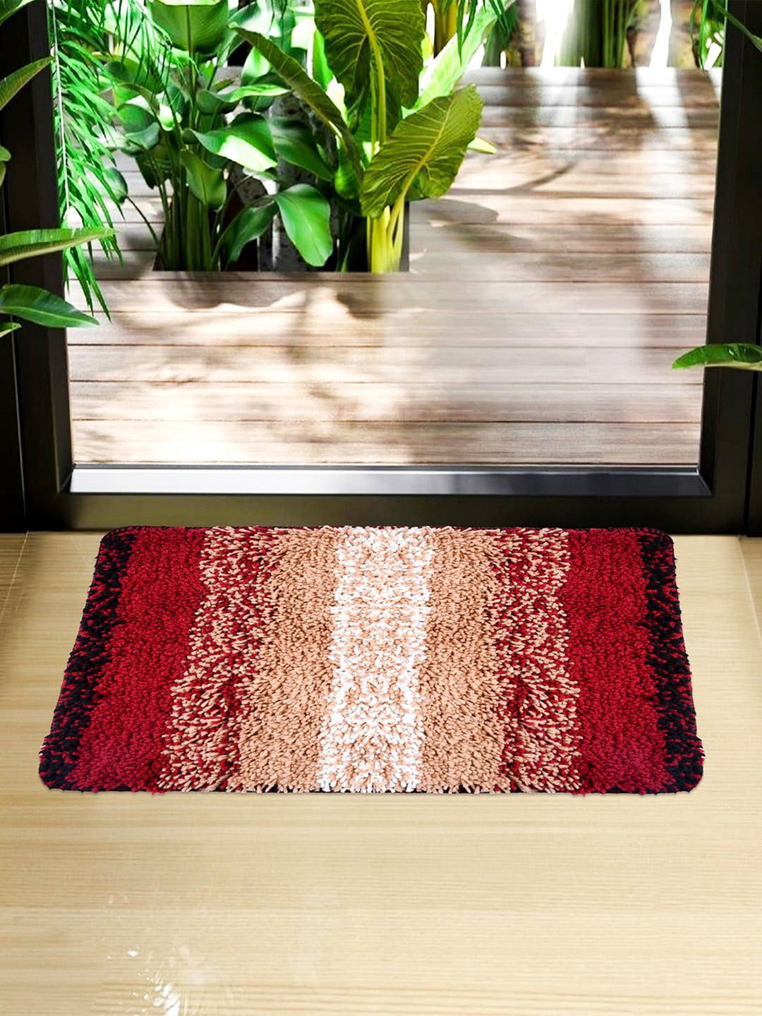 Kuber Industries Cream-Coloured & Red Set Of 2 Dust Trapper Anti-Skid Door Mat
