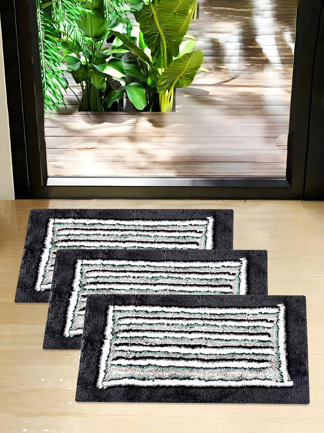 Kuber Industries Grey & White 3 Pieces Woven Design Dust Trapper Microfiber Doormats