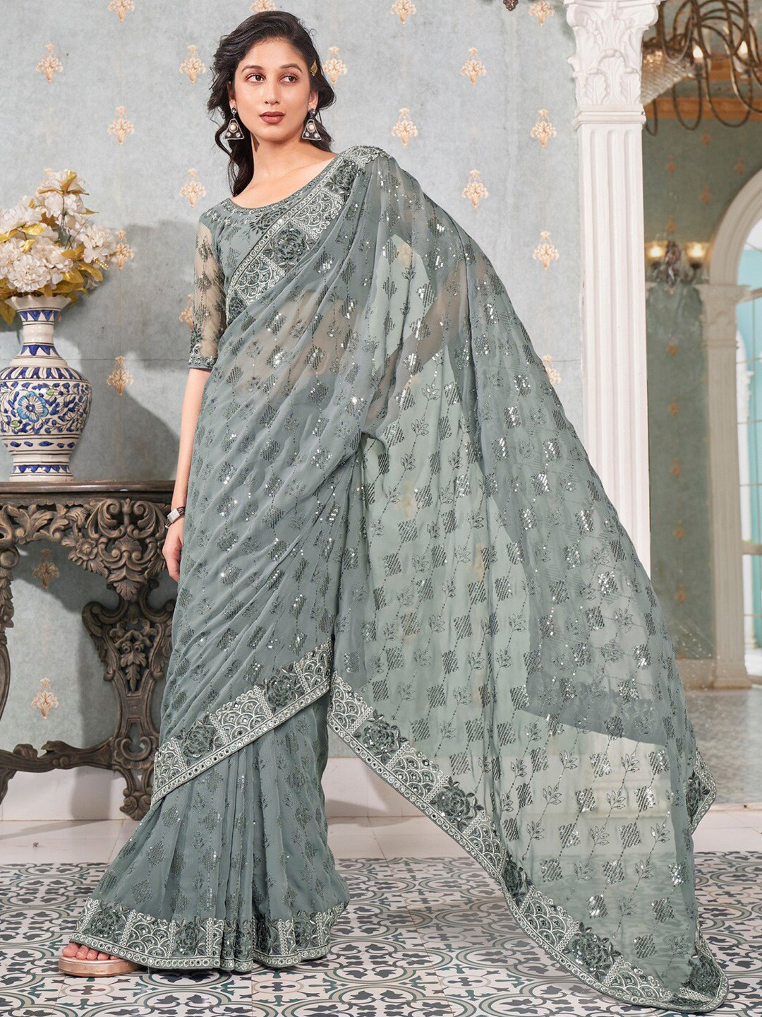 Mitera Embellished Sequinned Pure Georgette Heavy Work Saree
