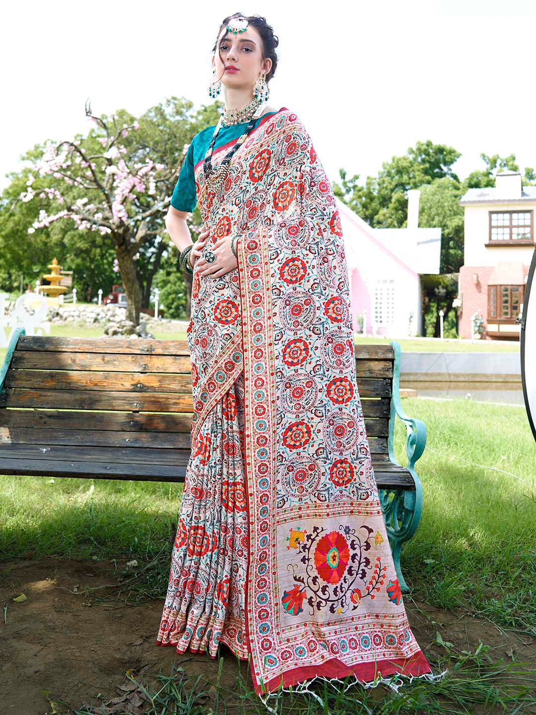 Anouk Rustic Off White & Blue Ethnic Motifs Printed Saree