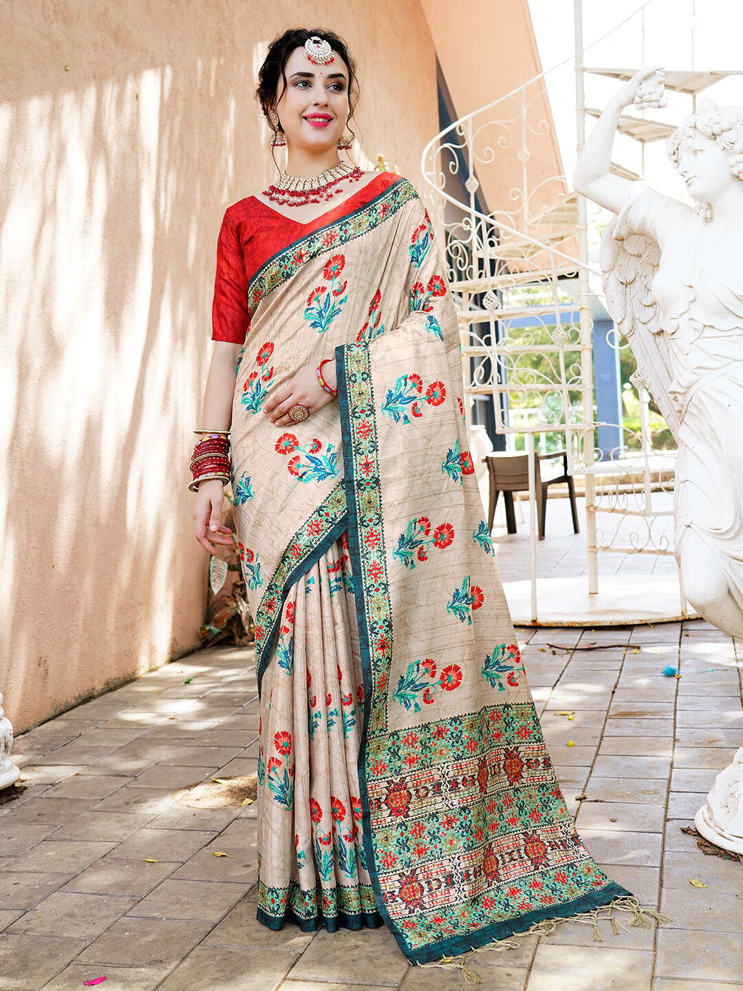 Anouk Rustic Off White & Blue Ethnic Motifs Printed Saree