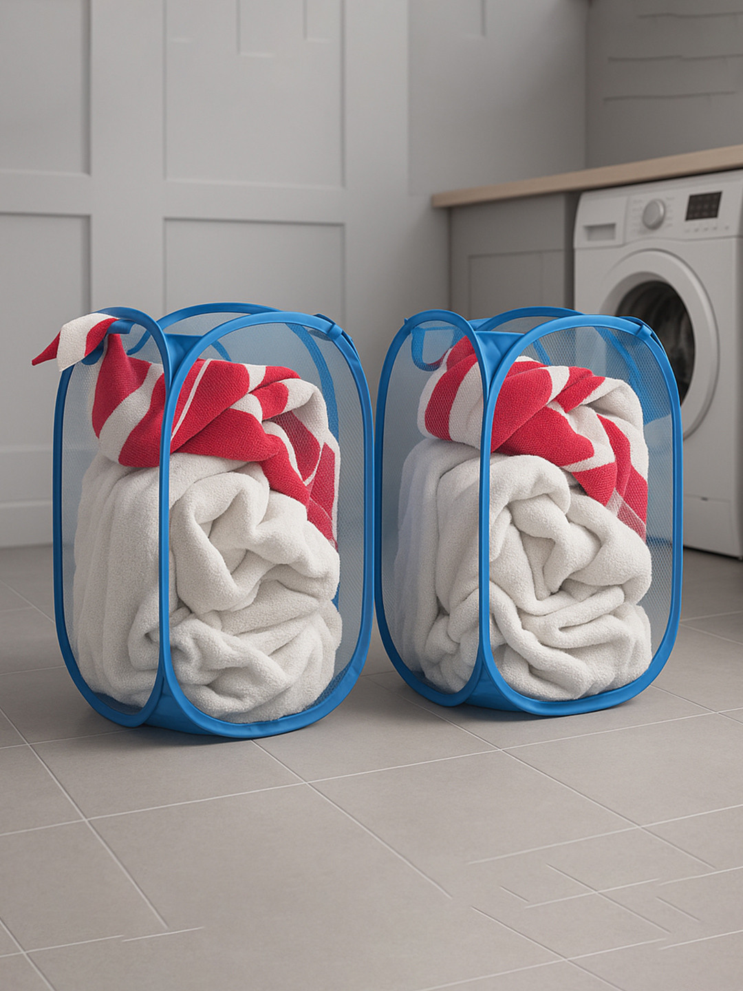 Kuber Industries Blue 2 Pieces Net Foldable Laundry Bag