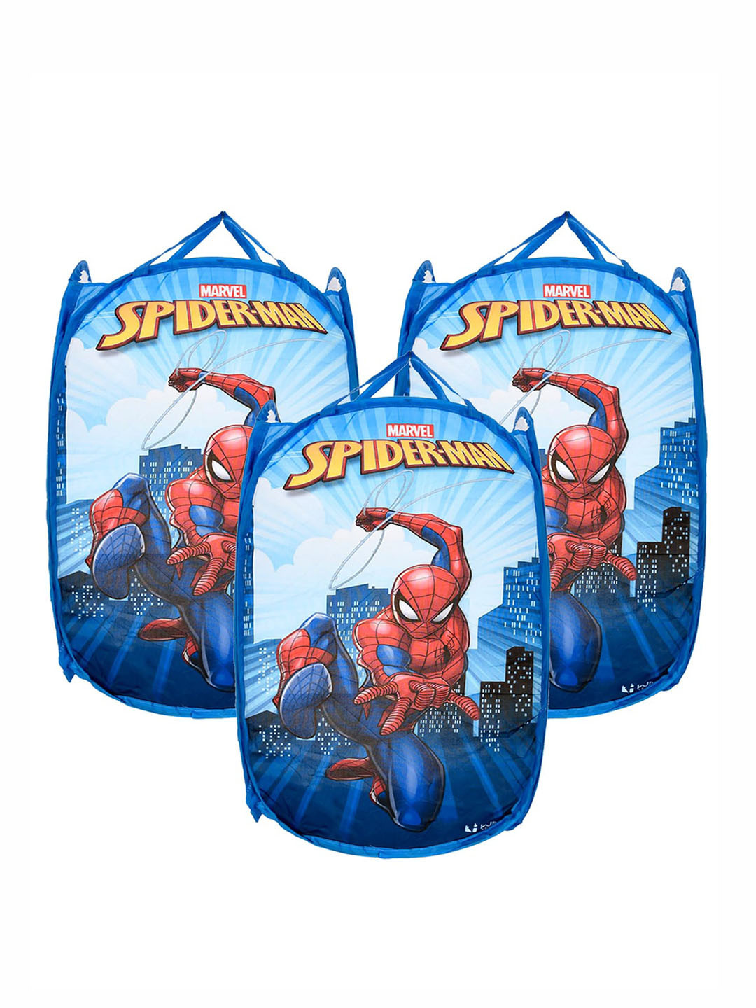 Kuber Industries Blue & Red 3 Pcs Marvel Spiderman Printed Net Foldable Laundry Bag