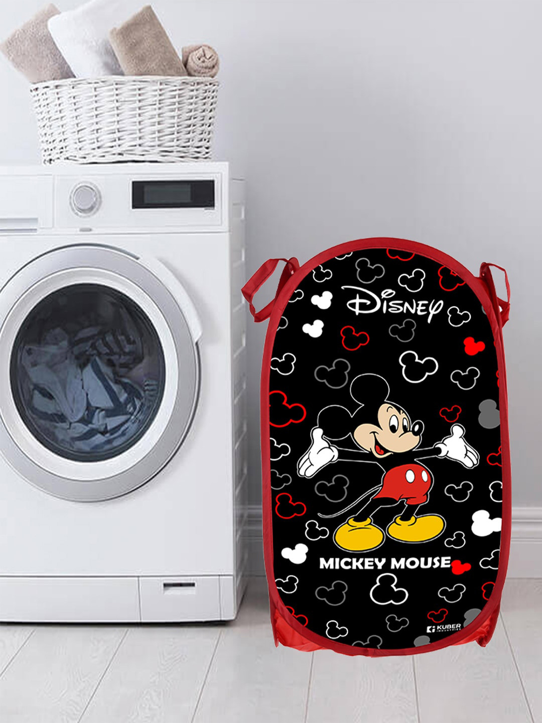 Kuber Industries 3 Pcs Black & Pink Disney Printed Net Foldable Laundry Bags