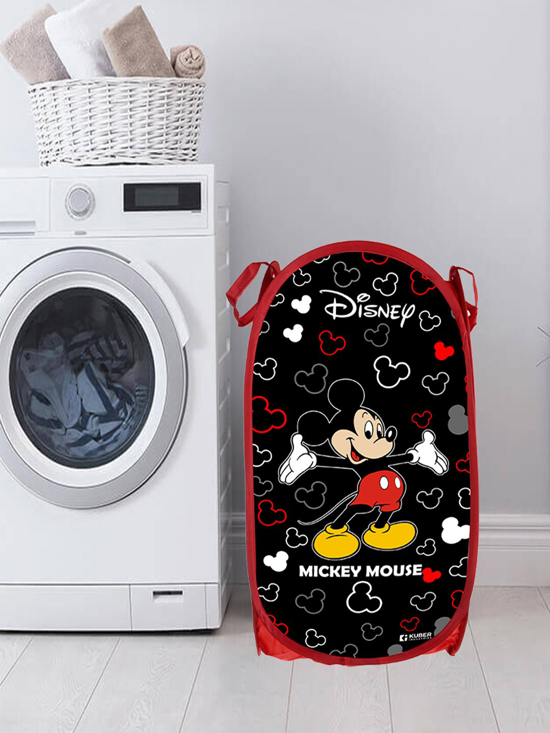 Kuber Industries 3 Pcs Black & Pink Mickey Mouse & Princess Printed Foldable Laundry Bags