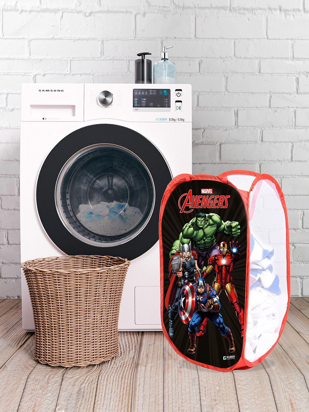 Kuber Industries Blue & Red 3 Pcs Spiderman & Avengers Design Net Foldable Laundry Bags