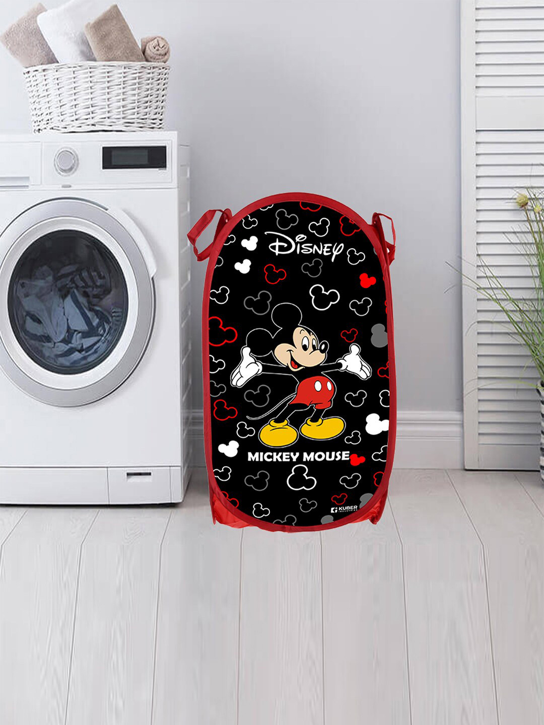 Kuber Industries Black & Red 2 Pieces Mickey Mouse Printed Foldable Laundry Bag