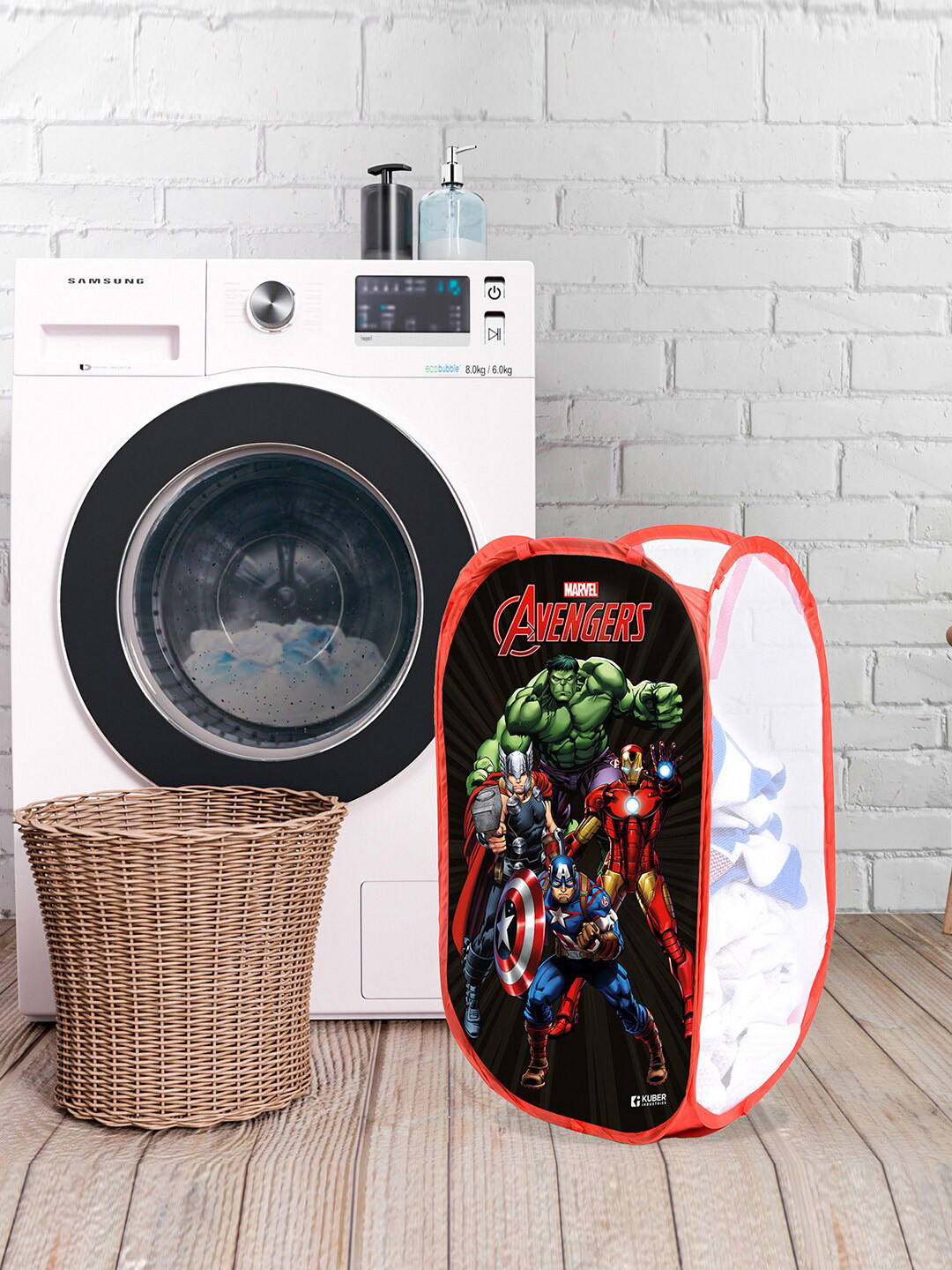 Kuber Industries Black & Red 3 Pieces Marvel Avengers Printed Net Foldable Laundry Bags