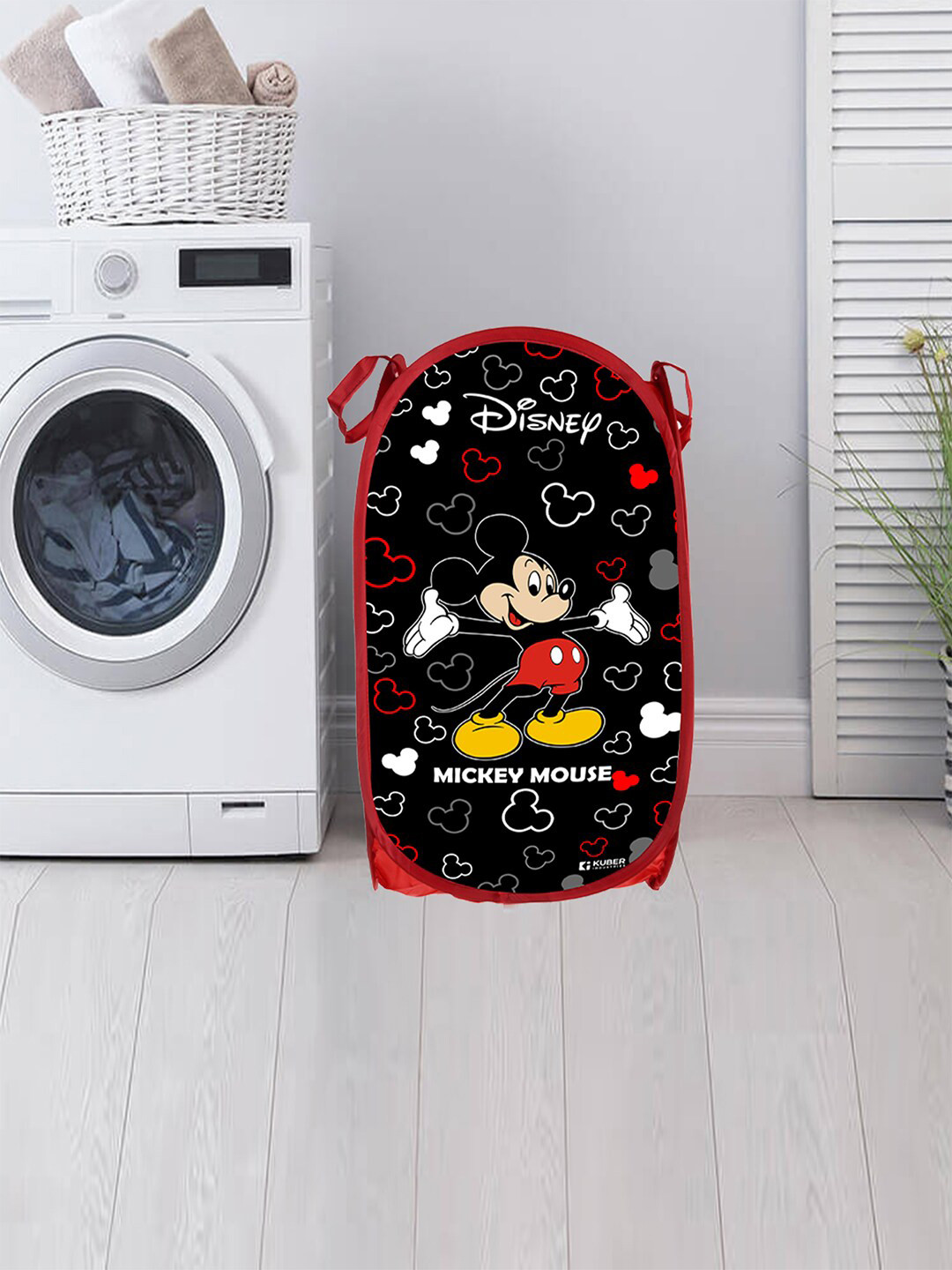 Kuber Industries Black & Red 2 Pieces Disney Mickey Printed Net Foldable Laundary Bag