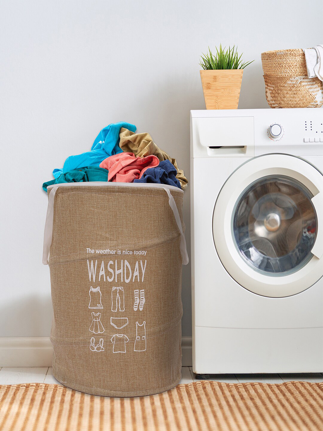 Kuber Industries Beige & Brown Printed Foldable Laundry Bags With Button Handles