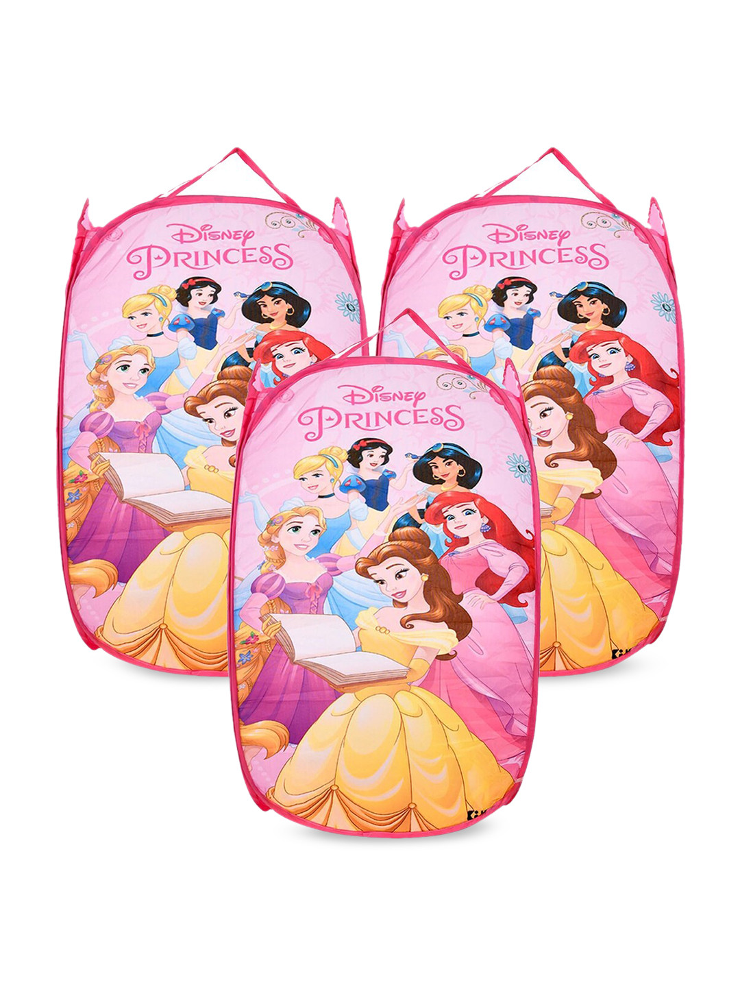 Kuber Industries Pink 3 Pieces Princess Printed Foldable Laundry Bag