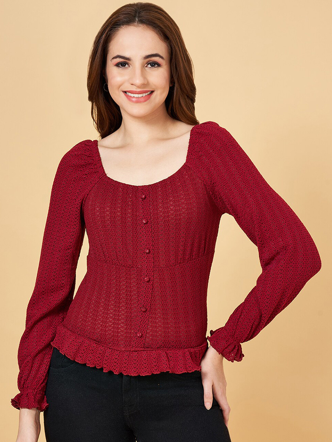 People Maroon Self Designed Puff Sleeves Top
