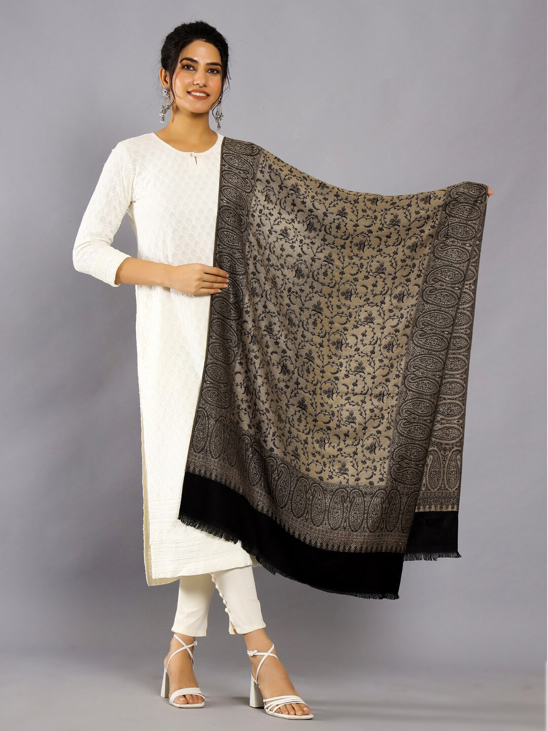 HANDICRAFT PALACE Floral Woven Design Fringed Woollen Shawl